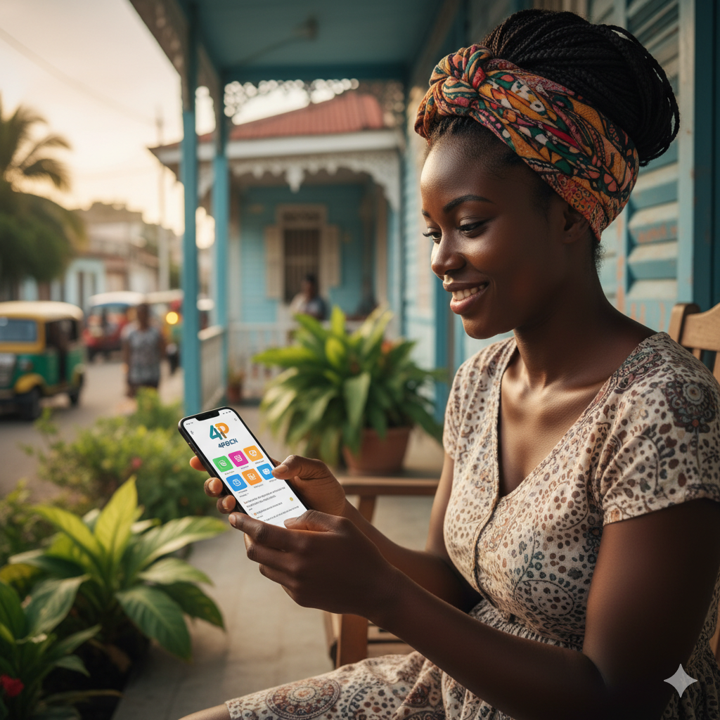 Haitian woman using phone