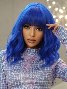 14 Inches Dark Blue Wig Short Curly Wig Women Girl's Synthetic Wig Blue Wig With Bangs Wig Colorful Costume