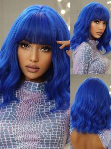 14 Inches Dark Blue Wig Short Curly Wig Women Girl's Synthetic Wig Blue Wig With Bangs Wig Colorful Costume - Image 3