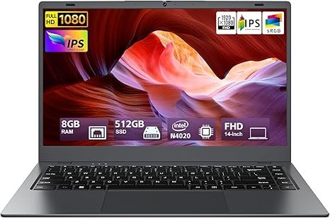 Laptop Computer, 8GB RAM 512GB SSD, Laptop with N4020 Processor(Up to 2.8GHz), 14-Inch 1080P FHD IPS Display, Win11 Pro, Long Battery Life, HDMI, Laptops